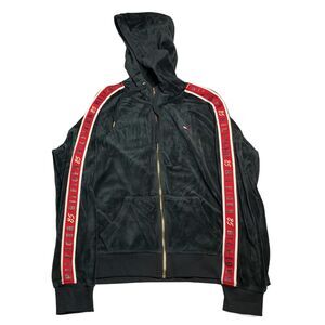 Tommy Hilfiger Sport Velour Zip Hoodie Women XL Black Logo Tape Y2K